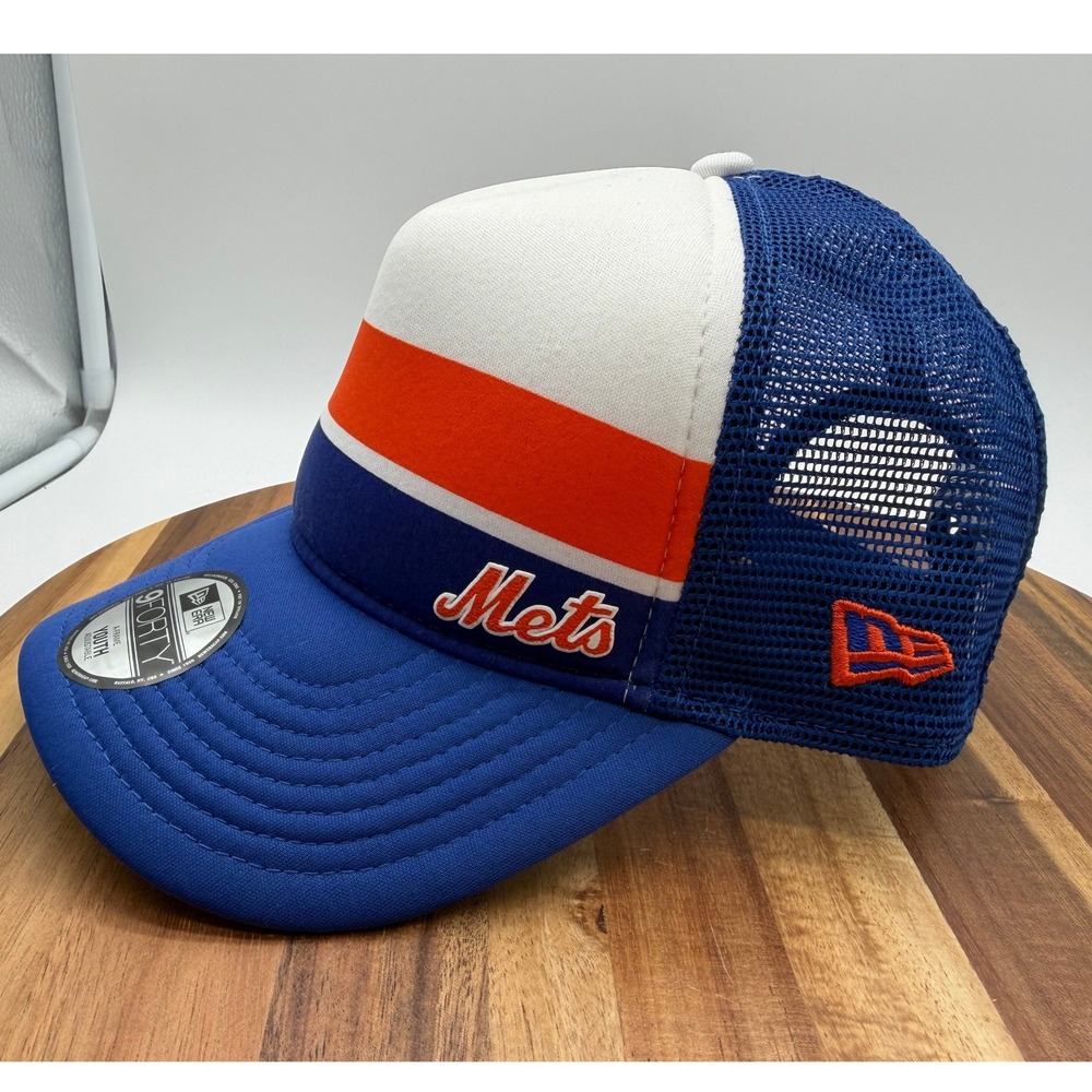 NY Mets New Era 9FORTY A-Frame Youth Trucker Hat Blue Orange Snapback Cap 2165